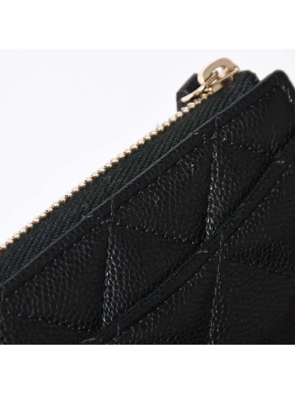 Chanel Quilted Compact Wallet Coin Purse Caviar Leather Black Gold